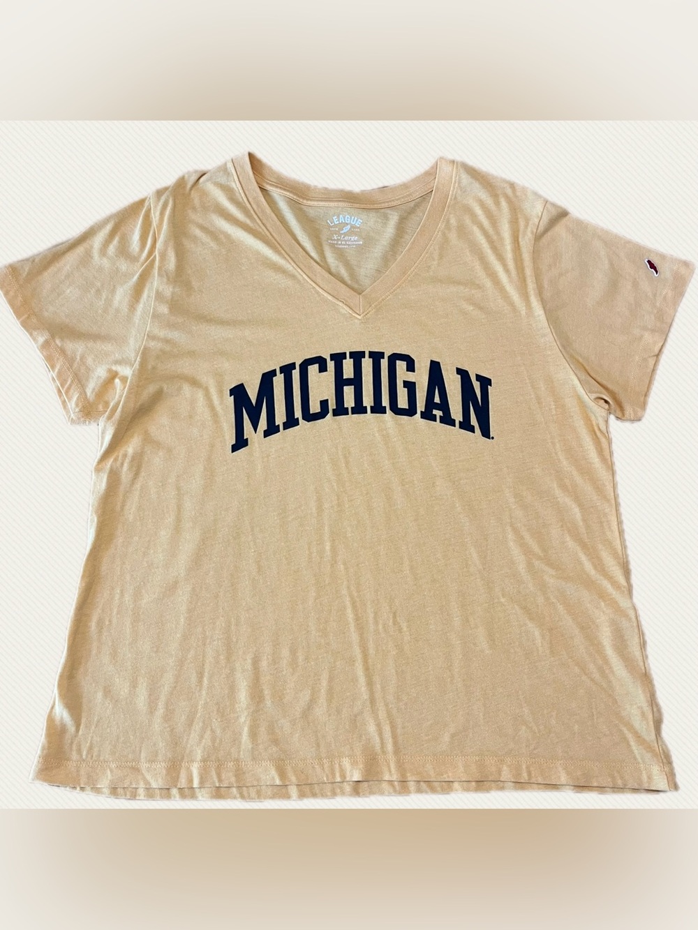League Women's Michigan V-Neck Tee in Muted Maize with Navy Print, Size XL
